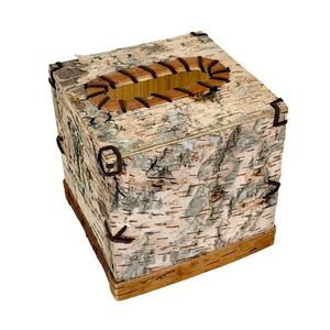 Square Birch Bark Wood Tissue Box Cover Rustic Tan Freestanding 5.5 In